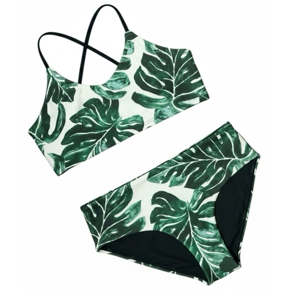 Lagoon Designs‎ Reversible Two Piece Swimsuit Black Green Tropical Palm L NWT